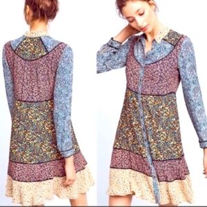 Maeve Patchwork Floral Long-Sleeve Tiered Dress in Blue, Pink, Cream